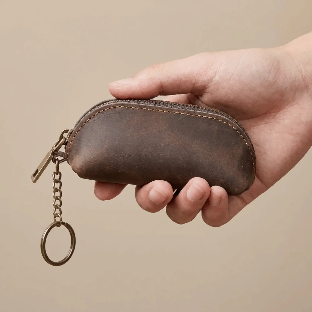 Portable Anti-lost Mini Leather Coin Purse Zipper Thin Men Key Ring Pouch Classic Solid Color Car Key Bag Shopping