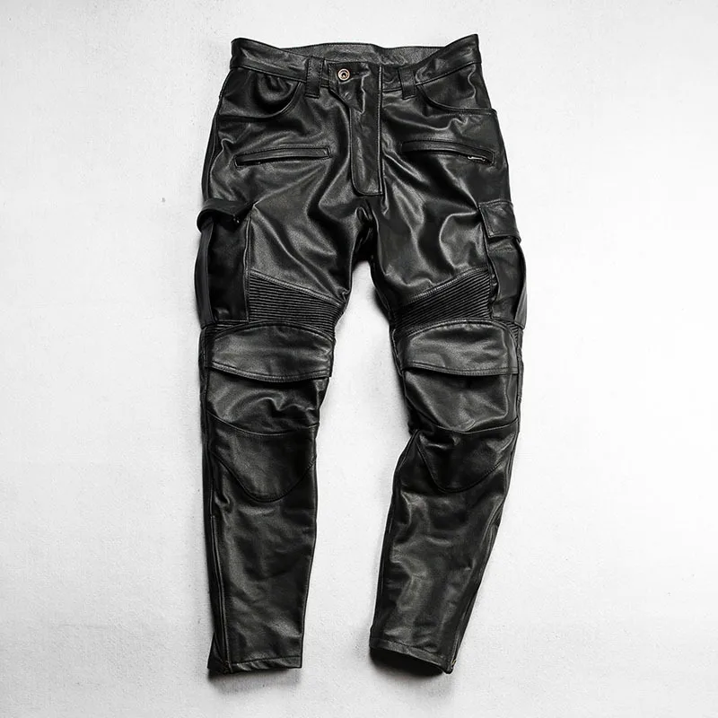 

Мужские рабочие кожаные брюки для мотоциклистов, облегающие, ветрозащитные, теплые, с множеством карманов, из воловьей кожи