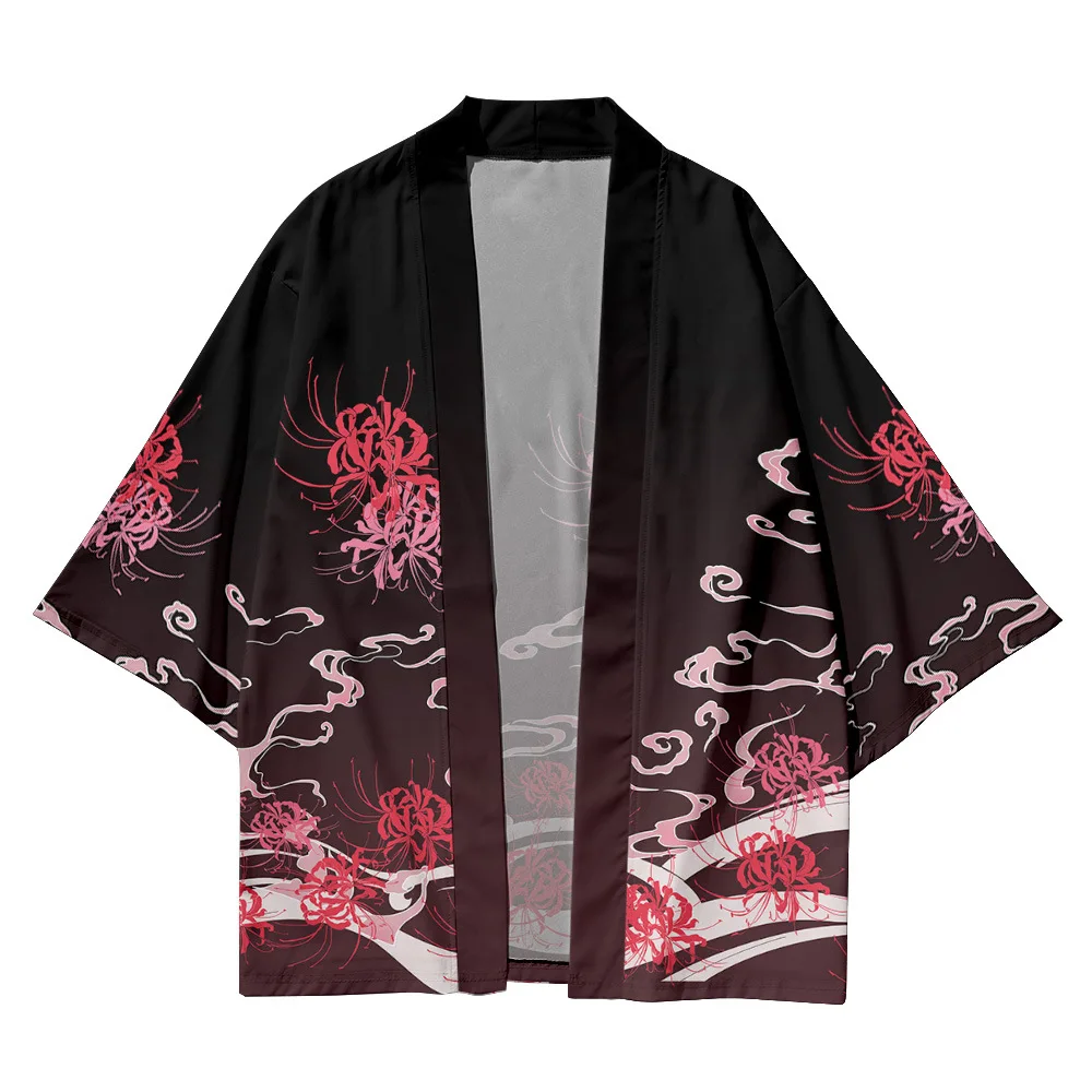 Casual Red Spider Lily Skull Printed Japanese Kimono Traditional Loose Cardigan Cropped Pants Set Asian Clothes Harajuku