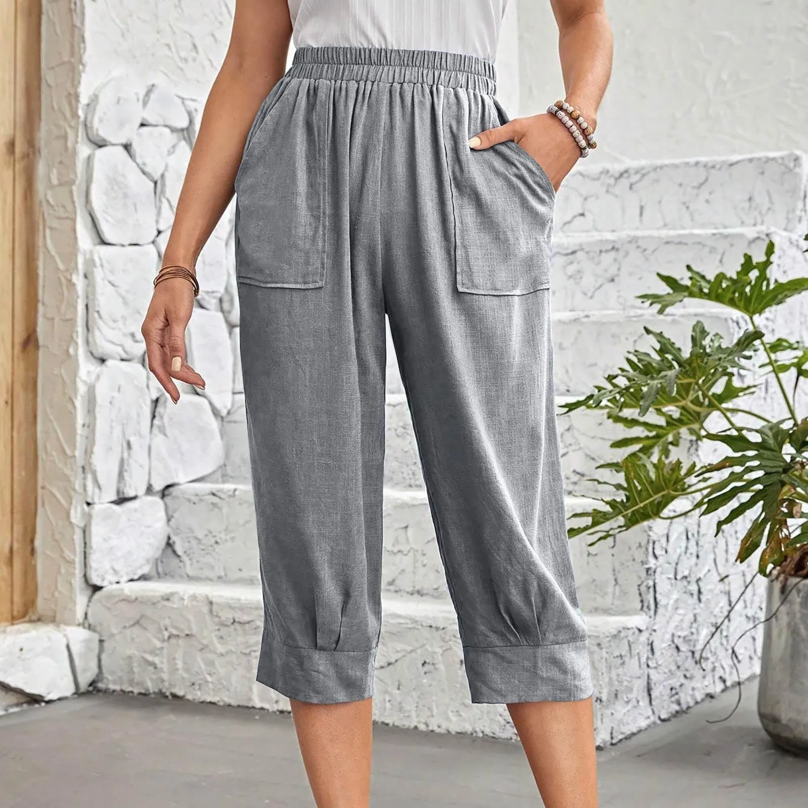 Summer Solid Color Fashion Elastic Waist Wide Leg Shorts Trousers Women High Street High Waist Pockets Vintage All-match Pants