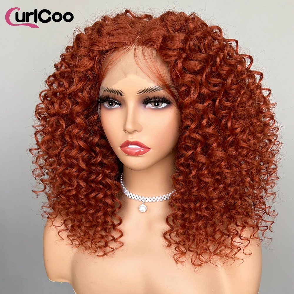 Peruca dianteira de renda encaracolada para mulheres negras, sintética, curta, perverso, afro, frontal, gengibre, laranja, pré-arrancada com cabelo de bebê