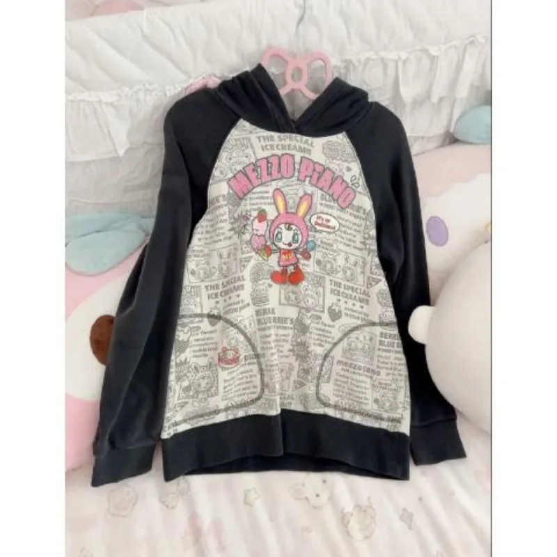 

Japanese Harajuku All Match Spliced Color Women Hoodies Sweet Cute Cartoon Print Gothic Tops Moda Vintage High Street Clothes