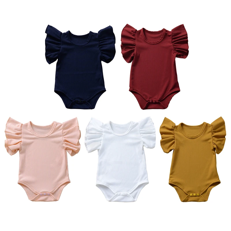 Cotton Baby Bodysuit Summer Solid Ruffles Short Sleeve Newborn Jumpsuit for Girls Boys Toddler Kids Jumpsuits Baby Clothes 0-24M