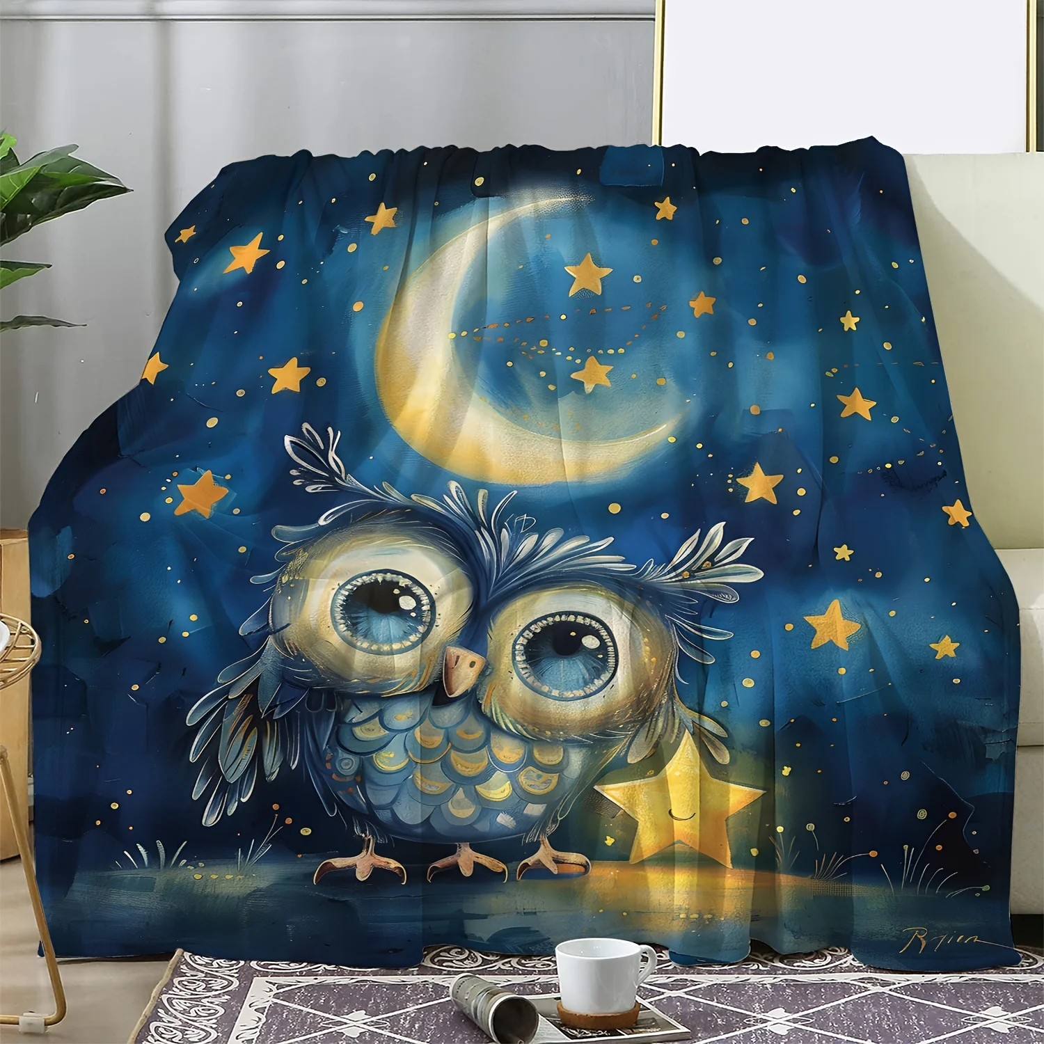 Cute Owl and Crescent Moon Nursery Blanket Stars Galaxy Baby Shower Gift Cozy Bedding Throw