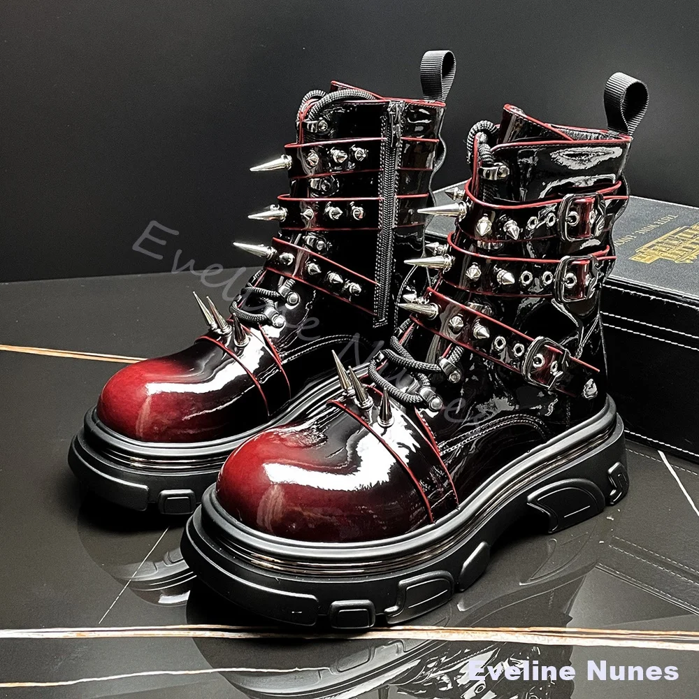 Platform Patent Leather Rivet Punk Ankle Boots Men Mixed Colors Mid-calf Boots Cosplay New Street-style Height-increasing Boots