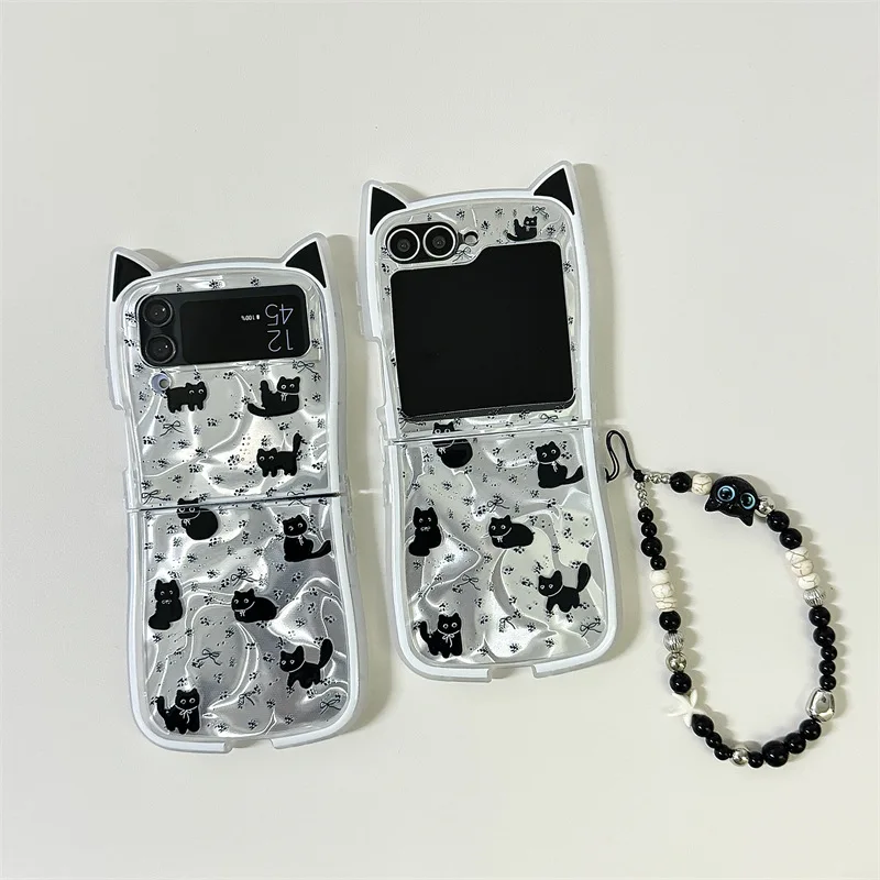 Preto orelhas de gato caso de telefone para samsung galaxy z flip 7 6 5 4 capa protetora traseira para zflip5 zflip6 zflip7 caso escudo