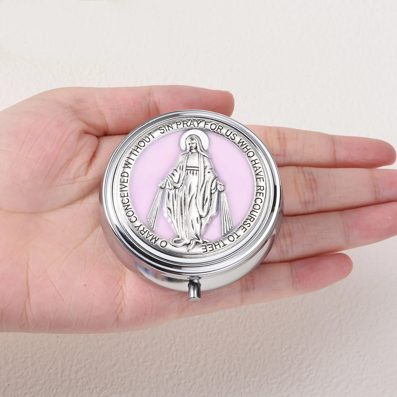 Juwelen-Organizer, Zinklegierung, Zinklegierung, Schmuckschatulle, Jungfrau Maria, Geschenkbox, runde Saint Benedict-Schmuckschatulle für Heimdekoration