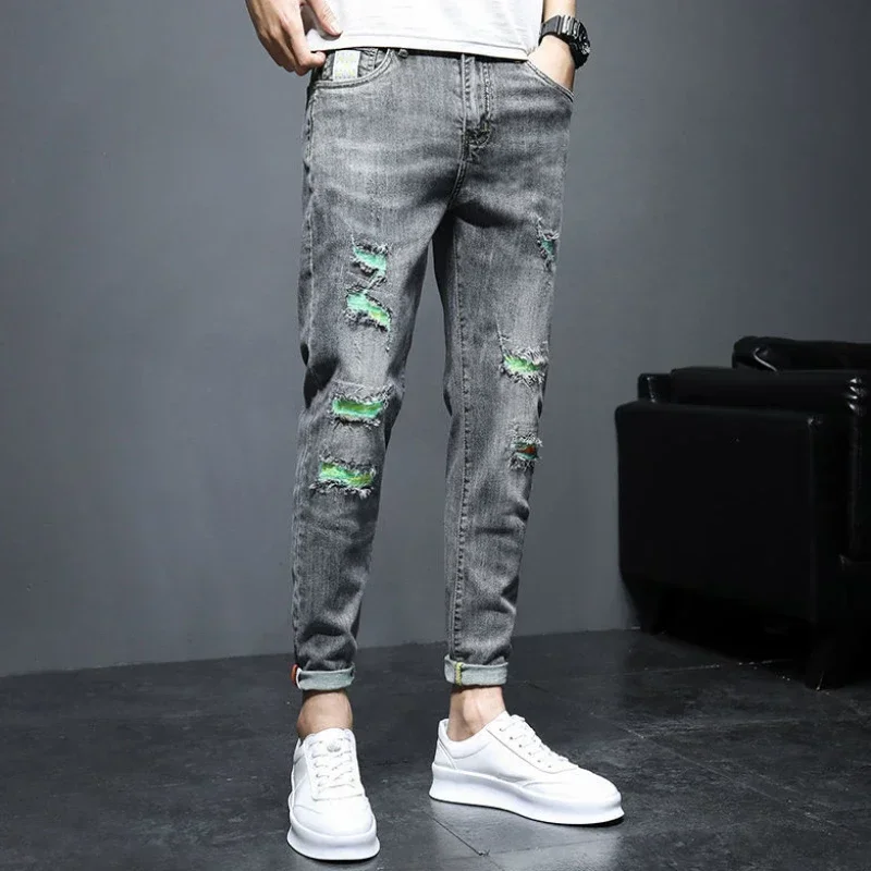 

Male Cowboy Pants Torn Trousers Tight Pipe Broken Slim Fit Jeans for Men Patch Skinny with Holes Ripped Cropped Spring Autumn Xs