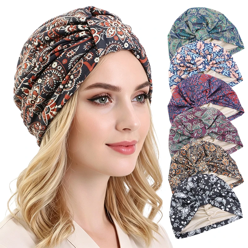 Women Printed Cap Muslim Hijab Hair Accessories Satin Cap Chemo Cancer Cap Household Use Cap