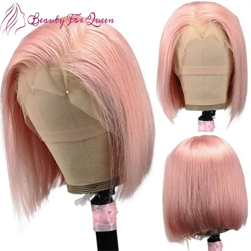 

High Quality Light Pink Straight Short Bob Transparent Lace Frontal Wigs For Women Brazilian Colored Human Hair Wig Pre Plucked