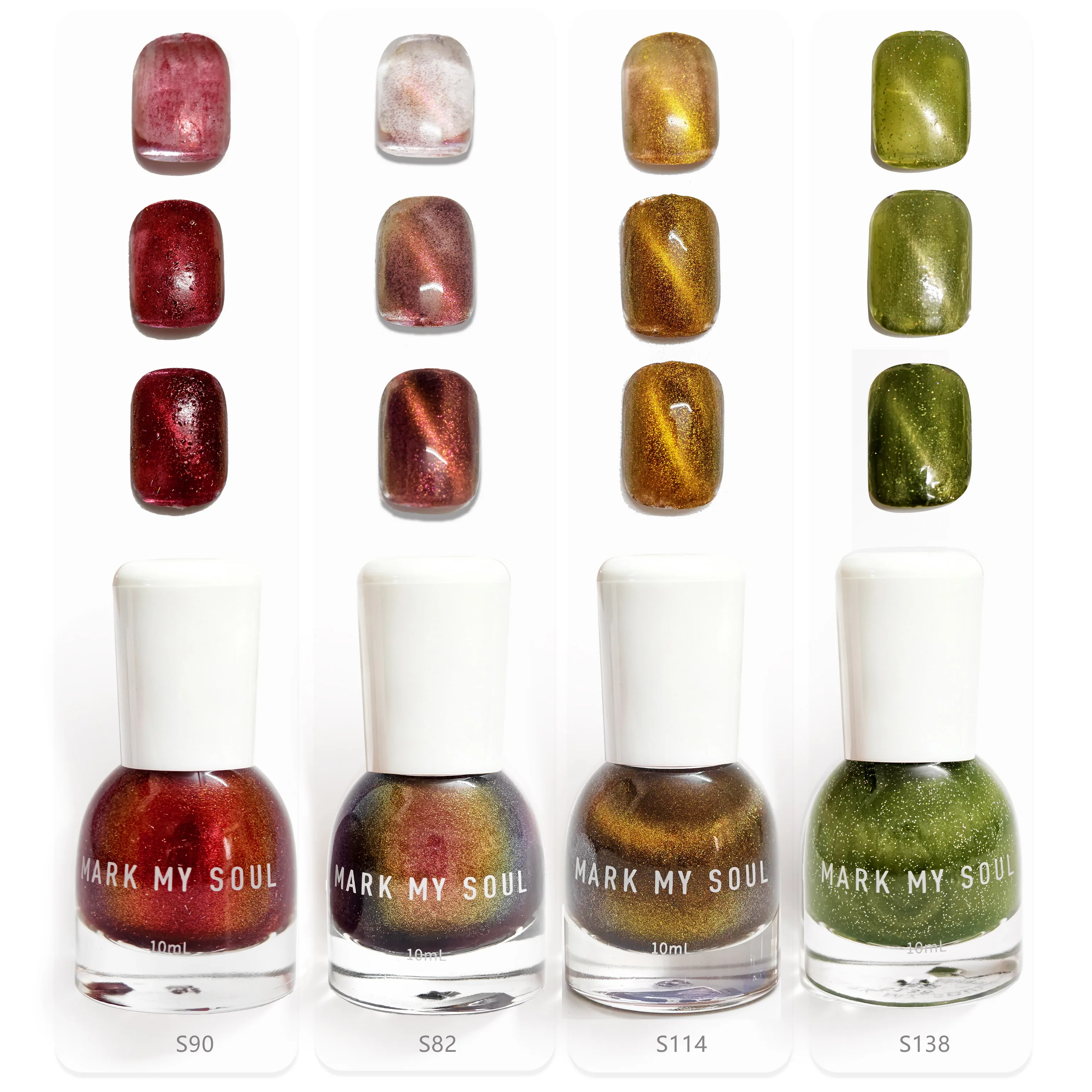 4pcs Contrast Glass Cat Eye, MARK MY SOUL No UV Lamp Nail Polish Set S113/S82/S138/S90,Quick Dry Non Peel Off