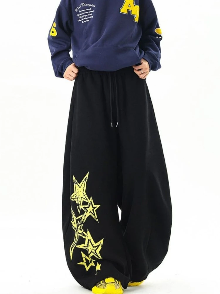 

Trendy Unisex Star Pattern Joggers Relaxed Fit Drawstring Wide Leg Pants Versatile Long Trousers for Casual Outfits Dance Style