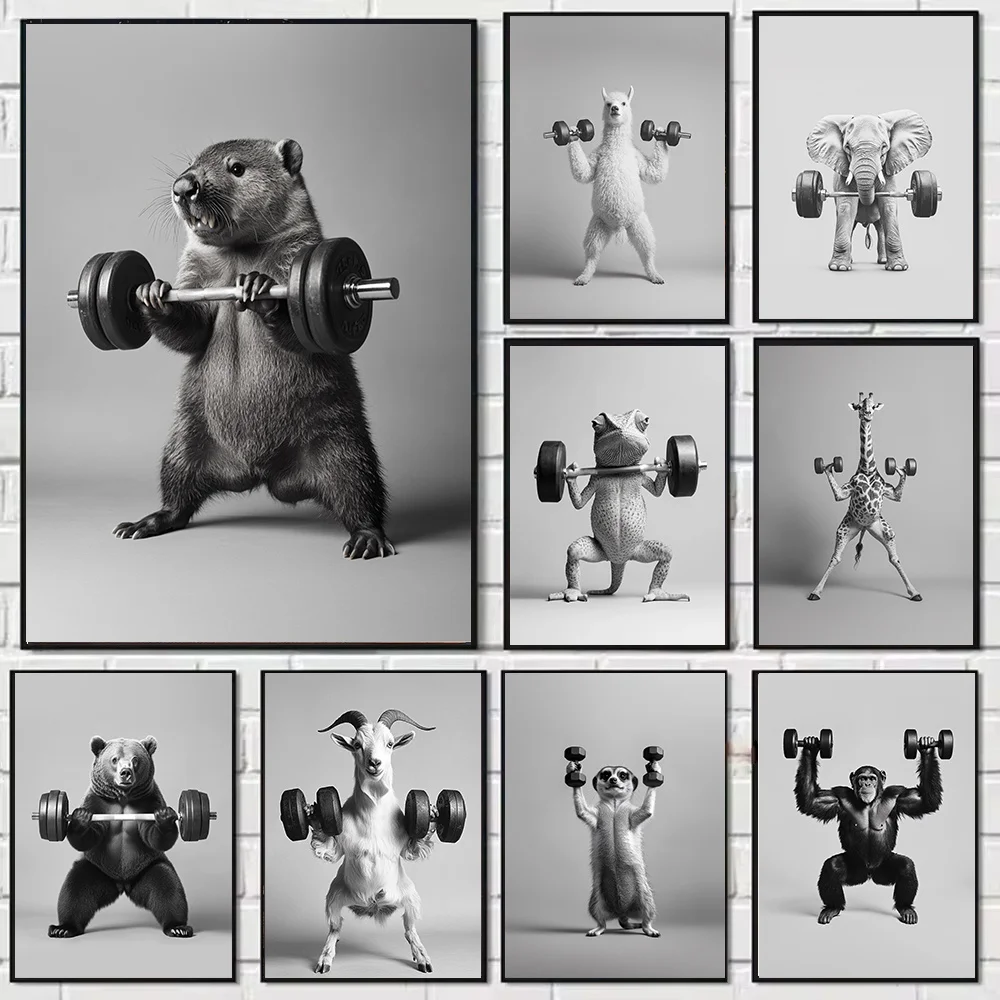 Funny Animal Fitness Poster Bear Beaver Goat Lifting Barbell Kicking Ball Canvas Painting Home Room Decoration