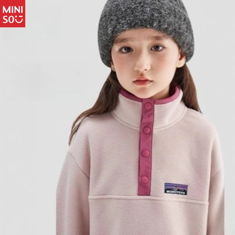

Miniso 2025 Korean Style Fleece Hoodie: Plush Sherpa-Lined Long Sleeve Top, Warm & Trendy for Kids