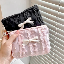 Cute Lace Bow Coin Purse Portable Cosmetic Storage Bag Women‘s Wallet Key Makeup Lipstick Pouch Headphone Organizer Clutch Bags
