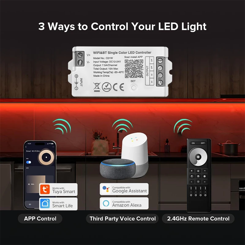 DC12-24V C01W 2.4GHzRF+WiFi+Bluetooth Tuya Voice Control LED Controller Dimmer For Single/Dual color RGB RGBW RGBCCT LED Strip