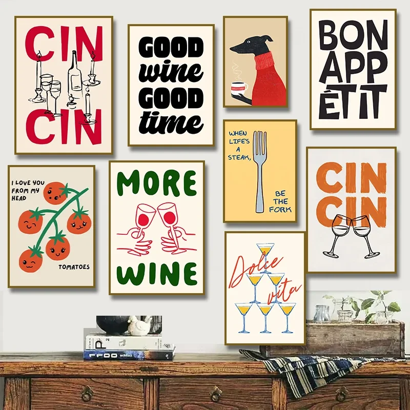 Cin Cin Wine Toast Minimalist Bon Appetit Text Poster Tomato  Lemon Illustration Canvas Painting Print Wall Kitchen Home
