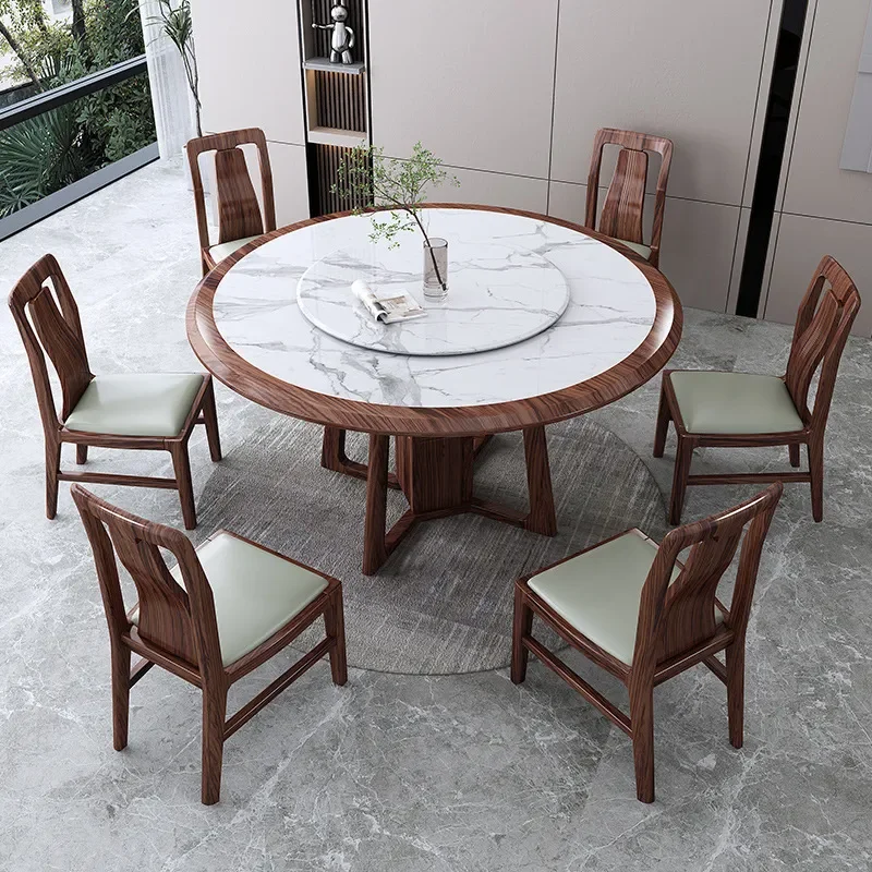 for Ebony Solid Wood Rock Slab Dining Table and Chair Set Round Eating Table with Turntable Light Luxury Household New