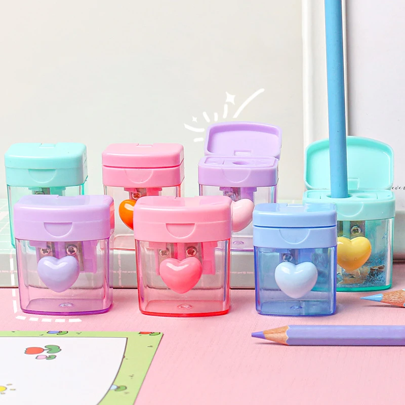 Mini Single Double Holes Heart Sharpener Portable Clear Pencil Sharpener With Lid Class Rewards Party Supplies For Children Gift