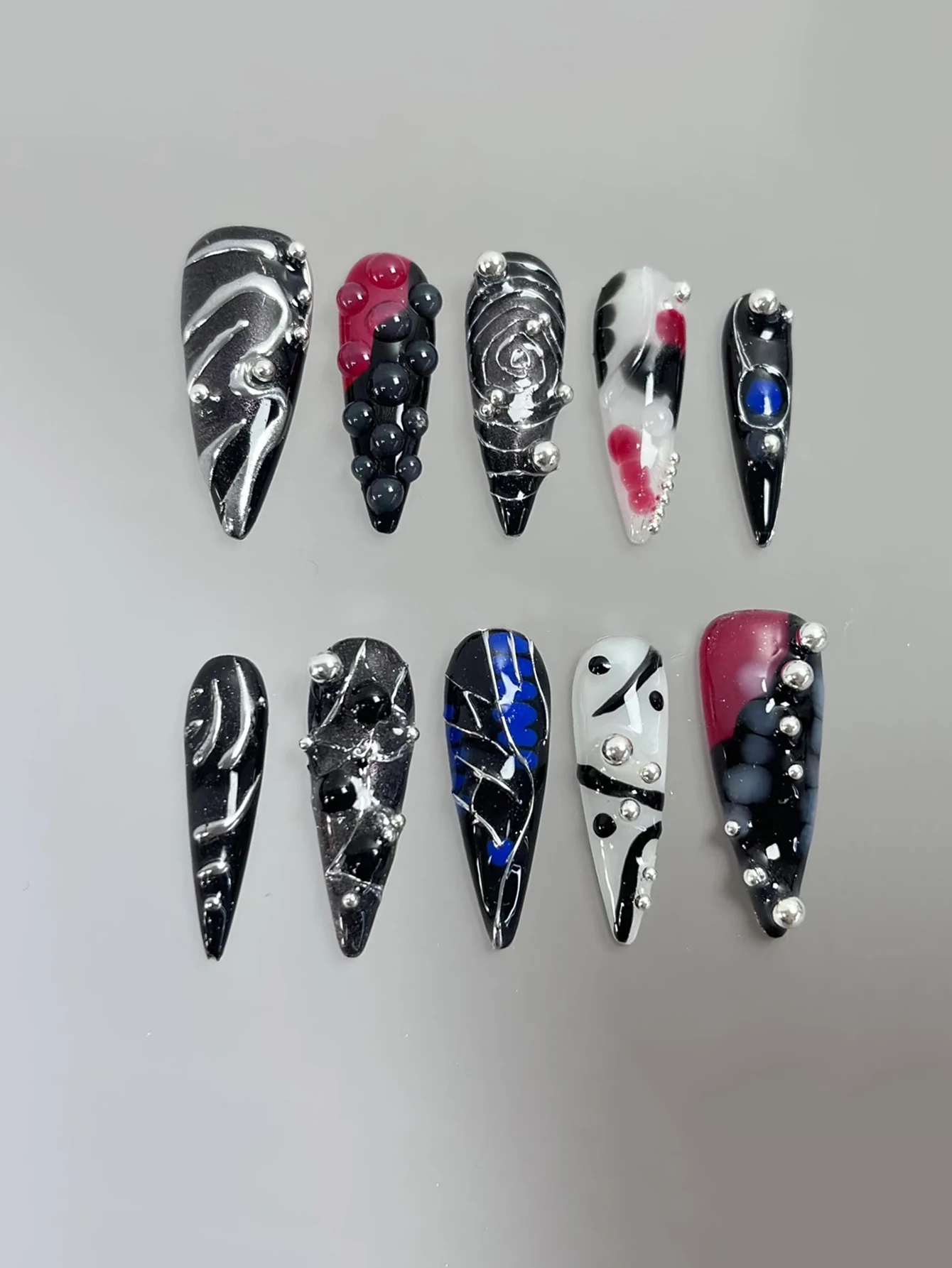 10-Piece Handcrafted Press-On Nail Set – Long Stiletto Shape – Featuring Color-Block Graffiti, Swirls, Liquid Metal, and Gemston