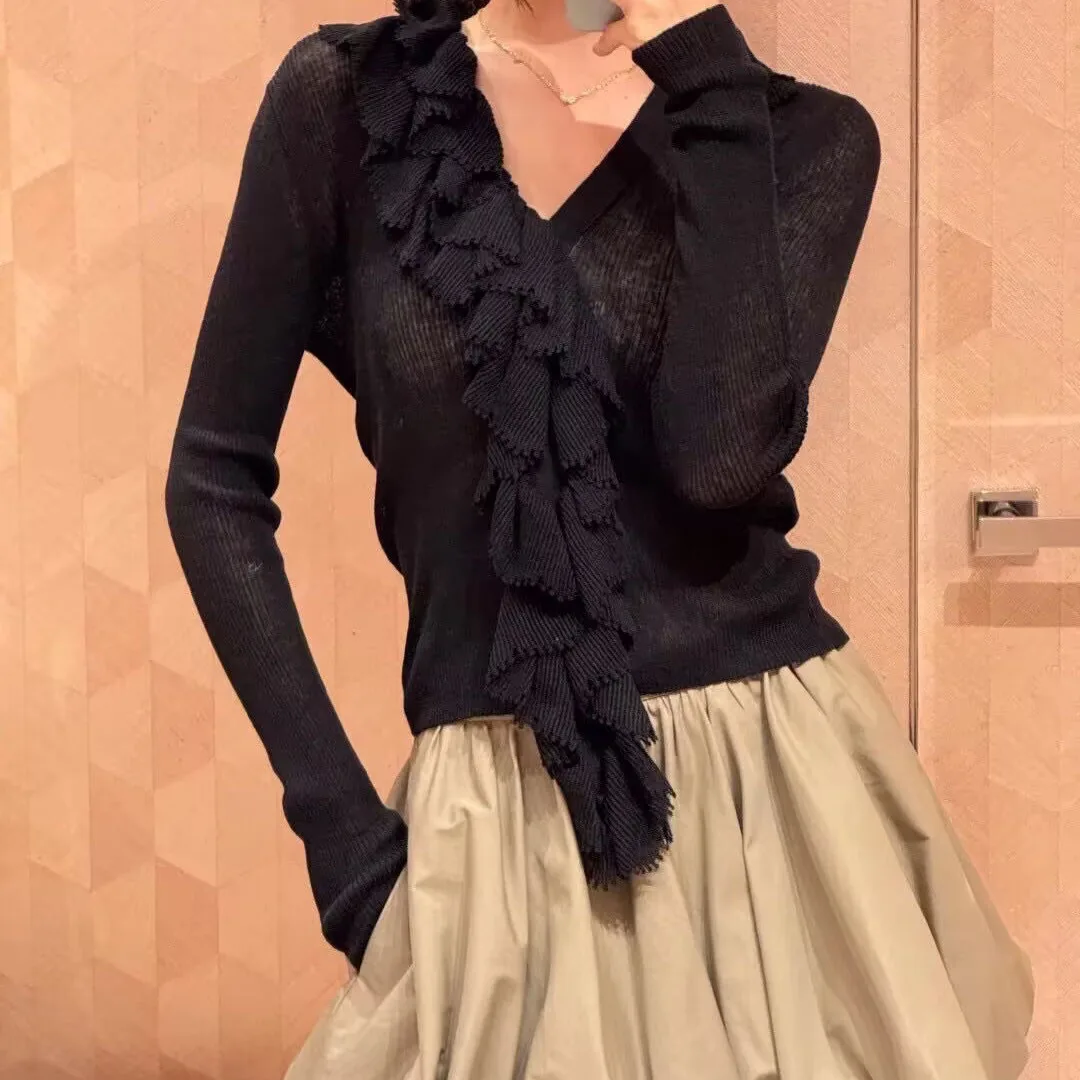 

2025 New Autumn Fashion Ruffles Decoration Slim Knitted Cardigans Women V-neck Long Sleeve Elegant Slim Sweet Thin Sweater