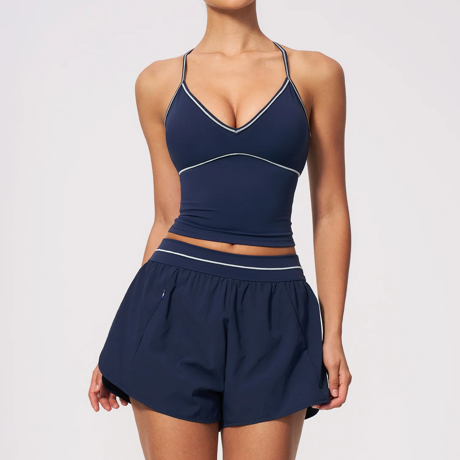 Women 2Pcs Activewear Set V Back Contrast Piping Shorts with Built in Liner and V Neck Crop Top for Gym Tennis Yoga Sportswear