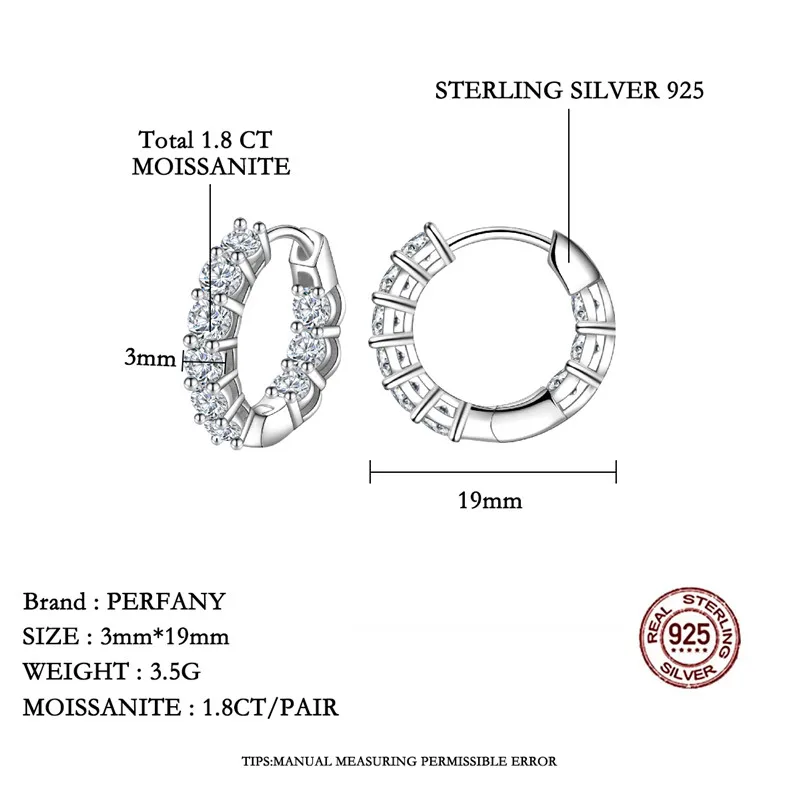 PERFANY 1.8CT All Moissanite Earrings for Women S925 Pure Silver GRA Certified Diamond Temperament Fashion Wedding Party Jewelry