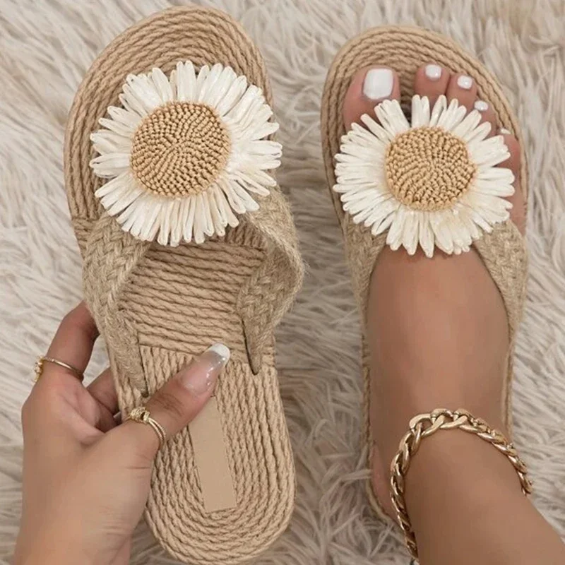 New Linen Flower Decor Flip Flops Fashion Women Slides Flat Heel Outdoor Beach Summer Woman Slippers Ladies Shoes