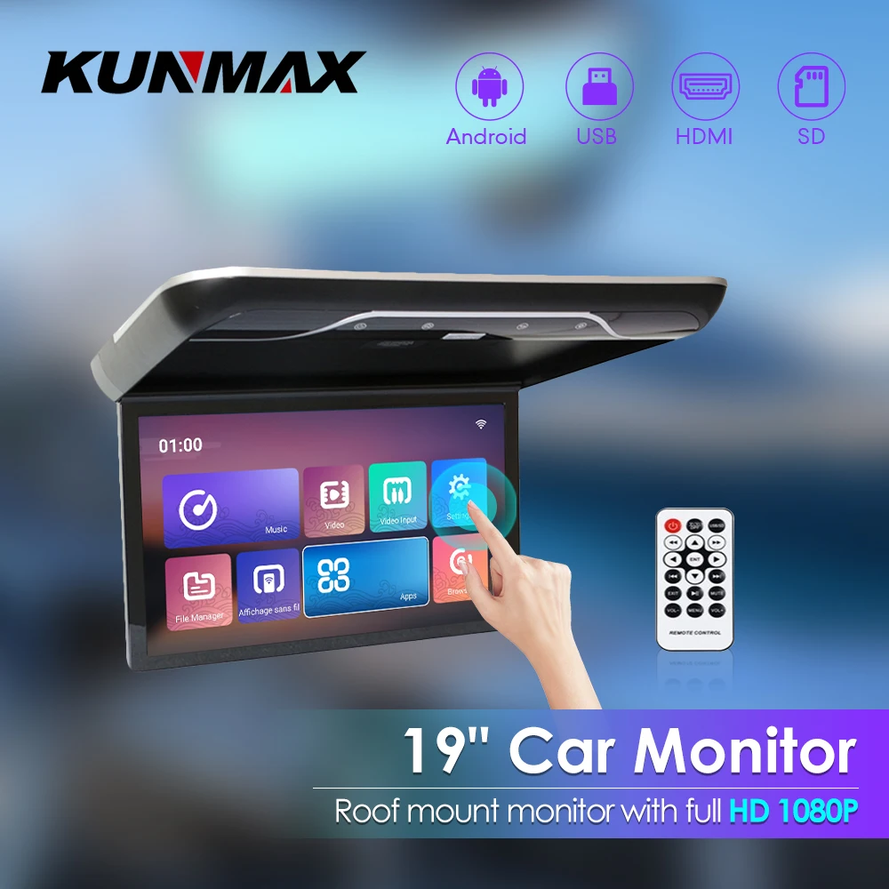 19 Inch Car Roof Monitor TV Flip Down 1080P Video HD IPS Touch Screen With 16-color Ambient Light USB TF HDMI FM Bluetooth Andro