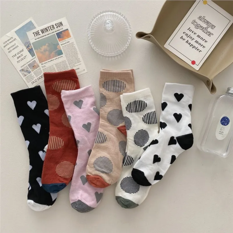 Women's Socks Female Korean Mid-tube Ins Causal All Matching Candy Color Pink White Love Comfort Sock Polka Dot Striped Academy