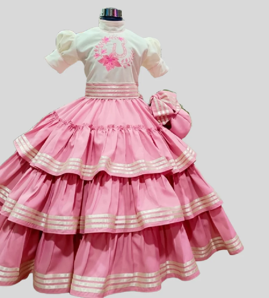 Pink Mexican Flower Girls Dress With Embroidery Mariachi Escaramuza Victorian Renaissance Birthday Party Gown 2025 Customized