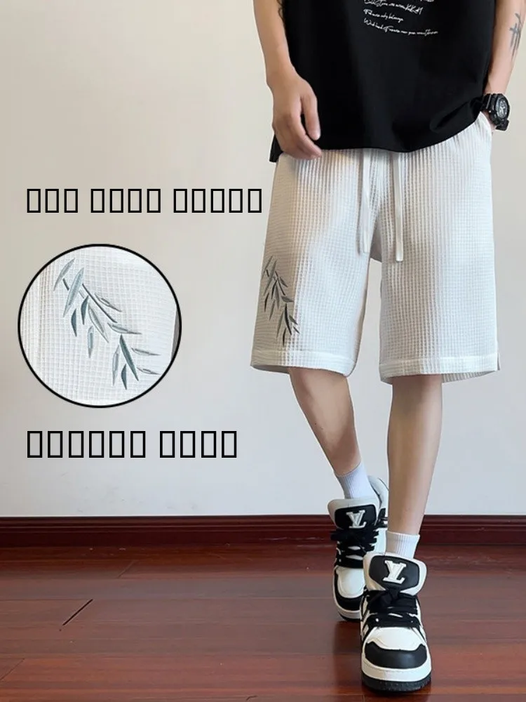 

Ele Bamboo Embroidered Men's orts Loose Fit Summer Faion Casual Pants Straight Leg Five-Quarter Length Breathable