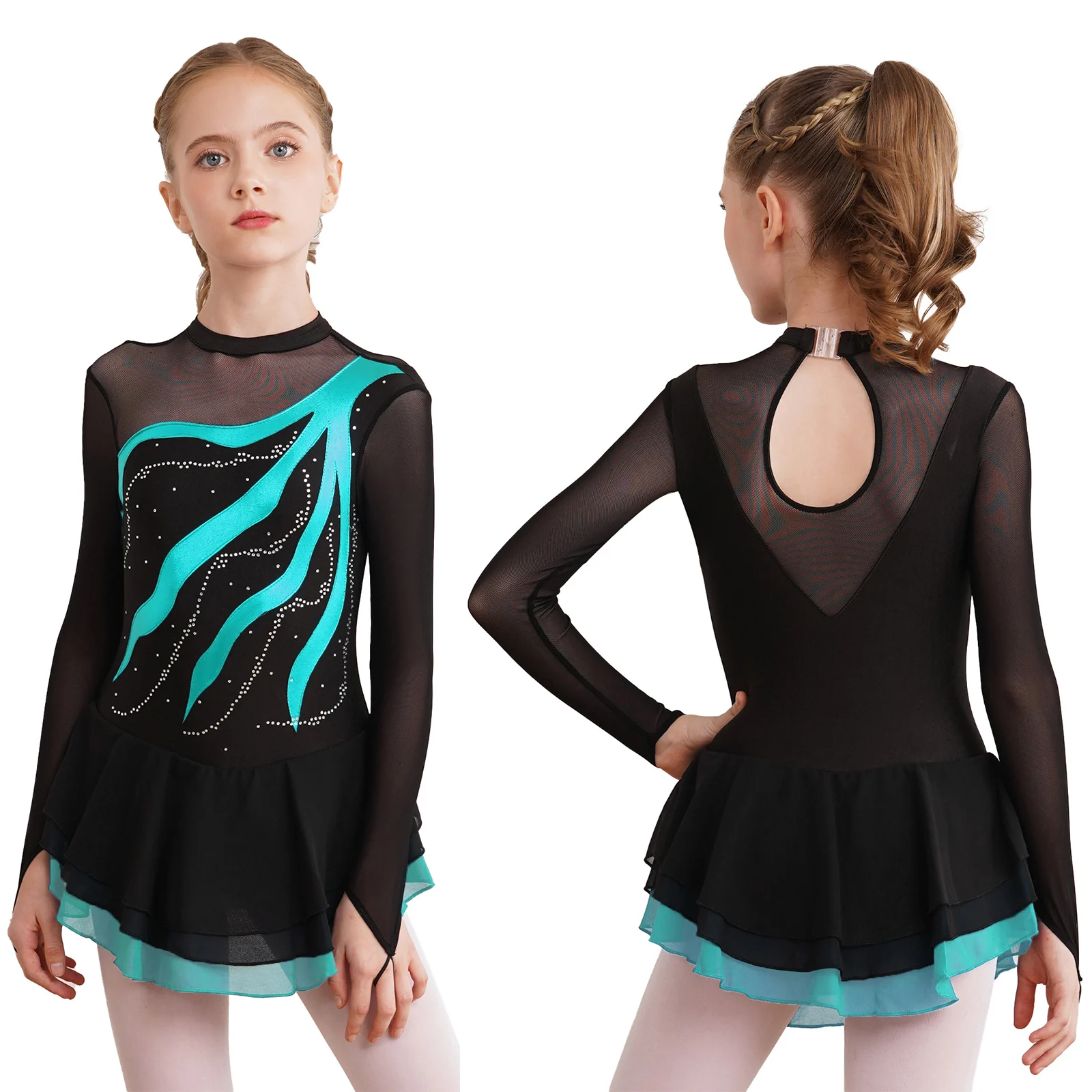 สาวสเก็ตลีลาชุด Lyrical Dance บัลเล่ต์ยิมนาสติก Acrobatics Leotard แขนยาว Rhinestone SHEER ตาข่าย Dancewear