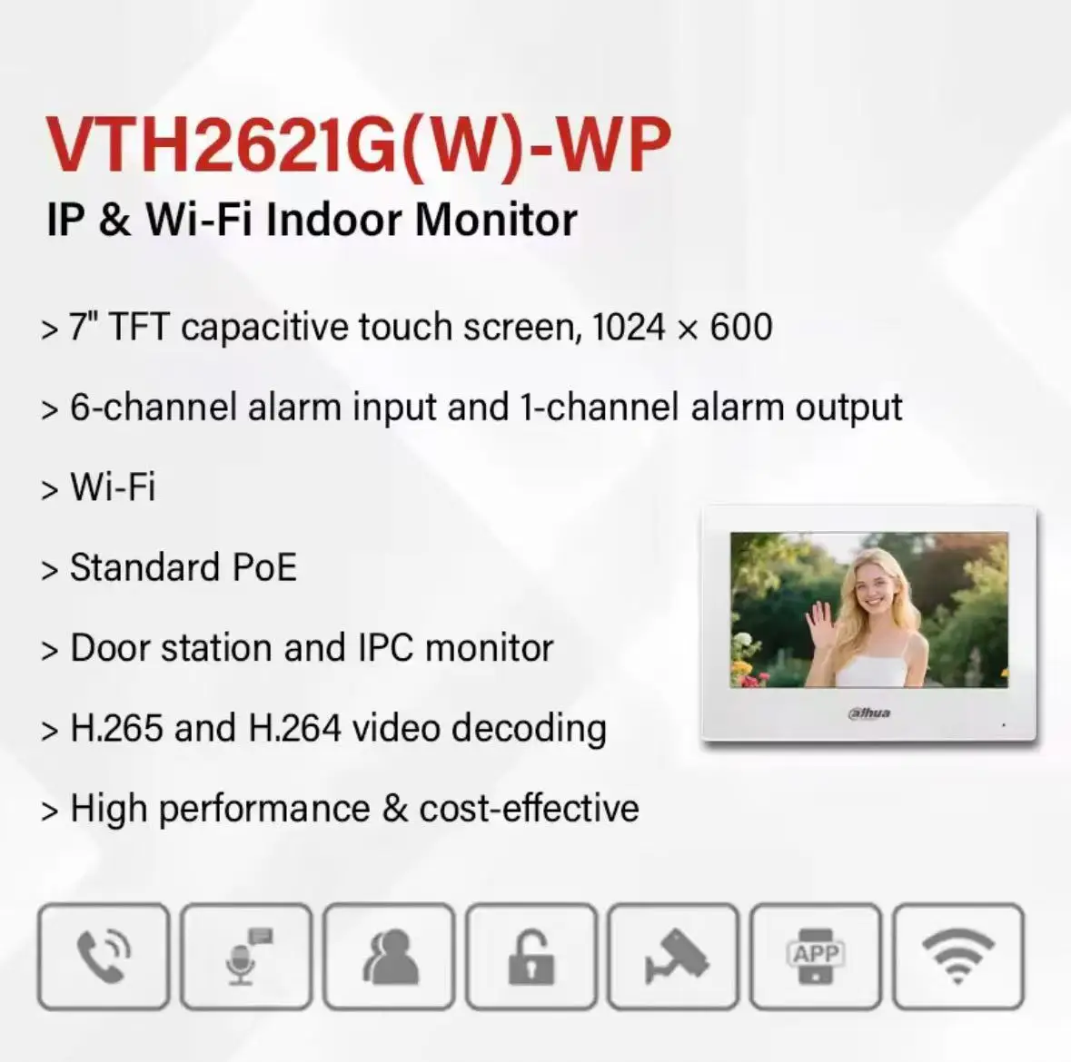 Dahua Original Wi-Fi Indoor Monitor VTH2621G-WP 7-inch Screen VTH POE Screen IP Camera Monitor Full Digtal