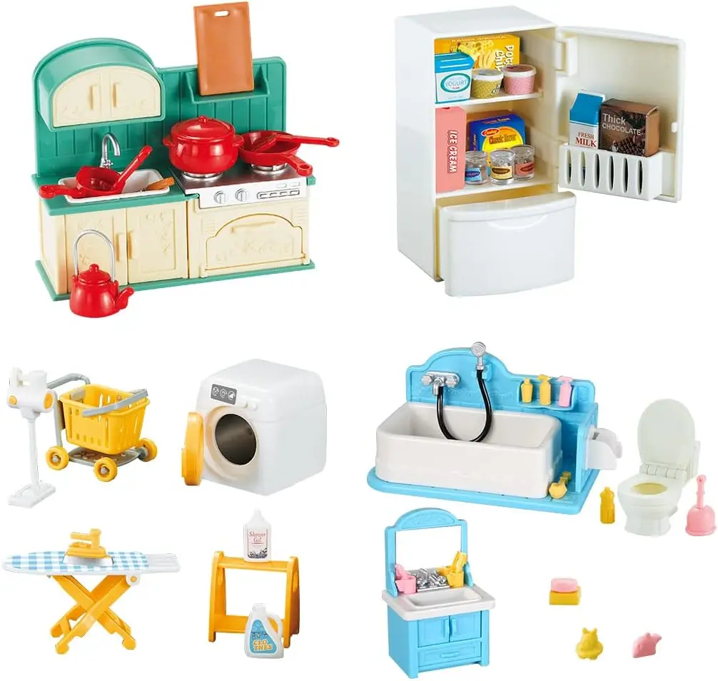 Dollhouse Furniture Set for Kids Bathroom Kitchen Fridge Washing Machine Laundry Set Accessories Pretend Play Furniture Toys