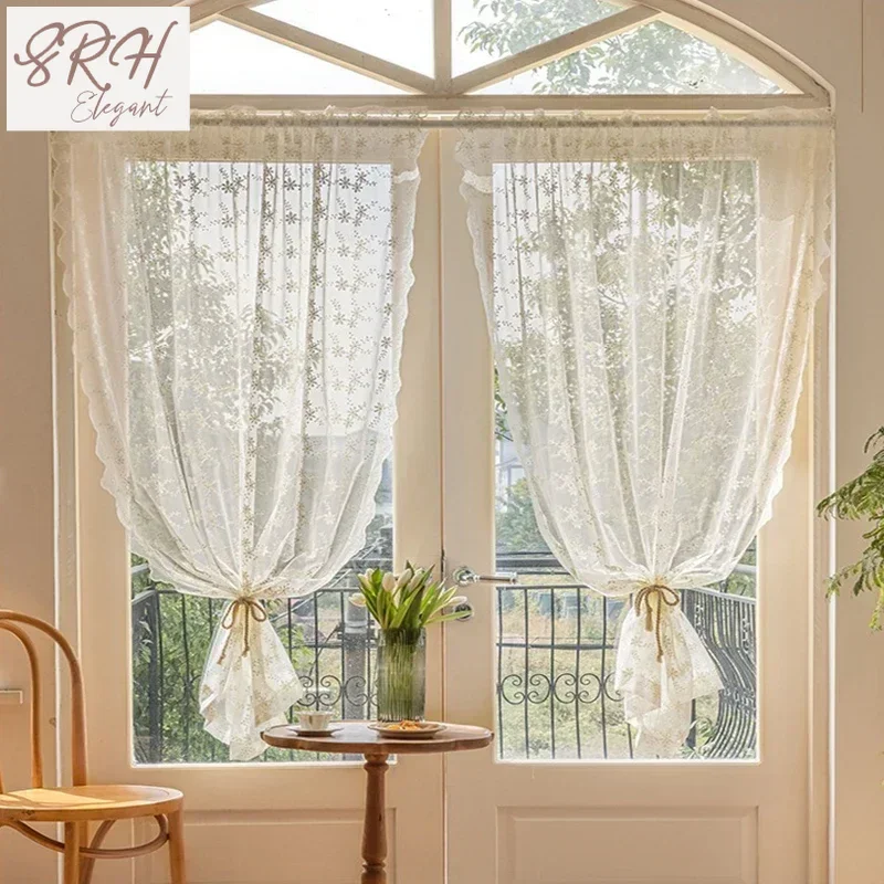 

1 PC Lace Beige Sheer Curtains for Living Room Bedroom Swaying Window Kitchen Treatment Short Vintage Floral Embroidery