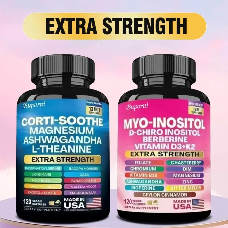 

2-бутылочный комбинированный мультивитаминный комбинированный Cortisol Support Myo-Inositol с глицинатами магния, Ashwagandha, L-Theanine и травяной смесью