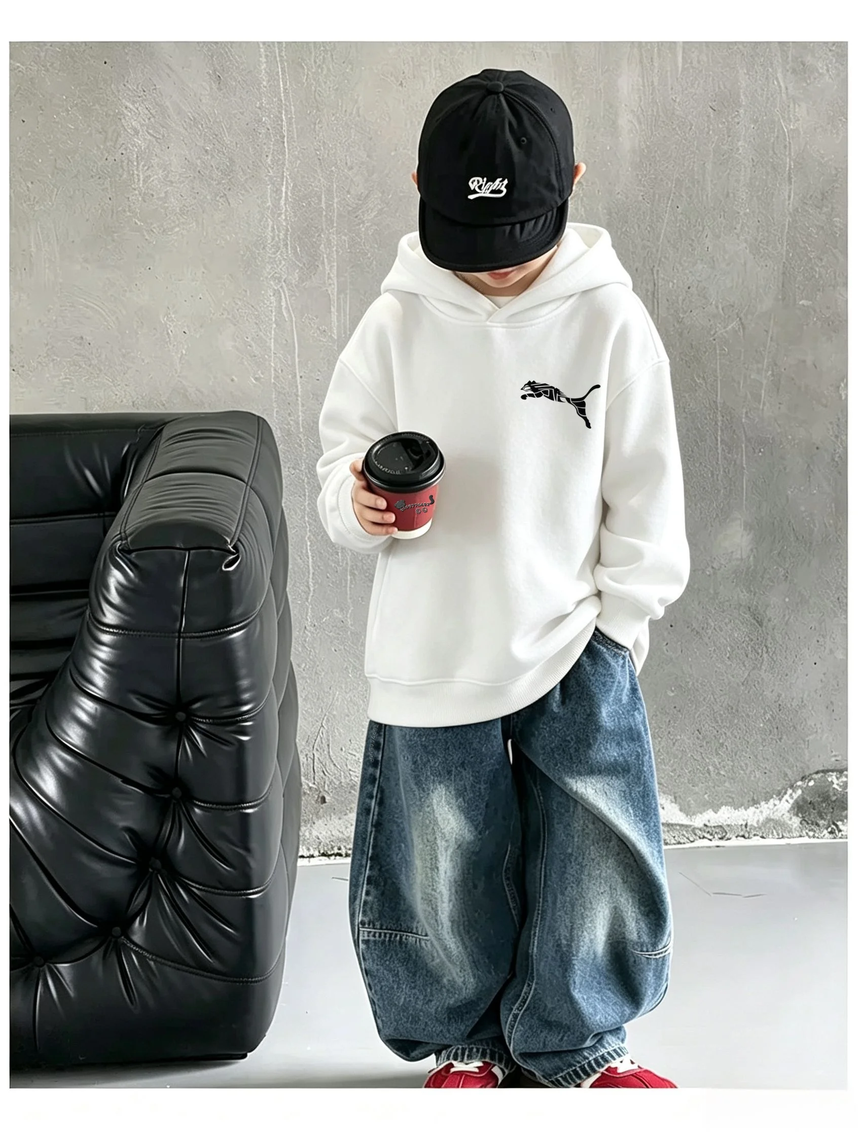 Kids Hooded Sweatshirt Autumn Winter, Stylized Leopard Line Print On Chest, Unisex Pullover Hoodie Casual Warm Top