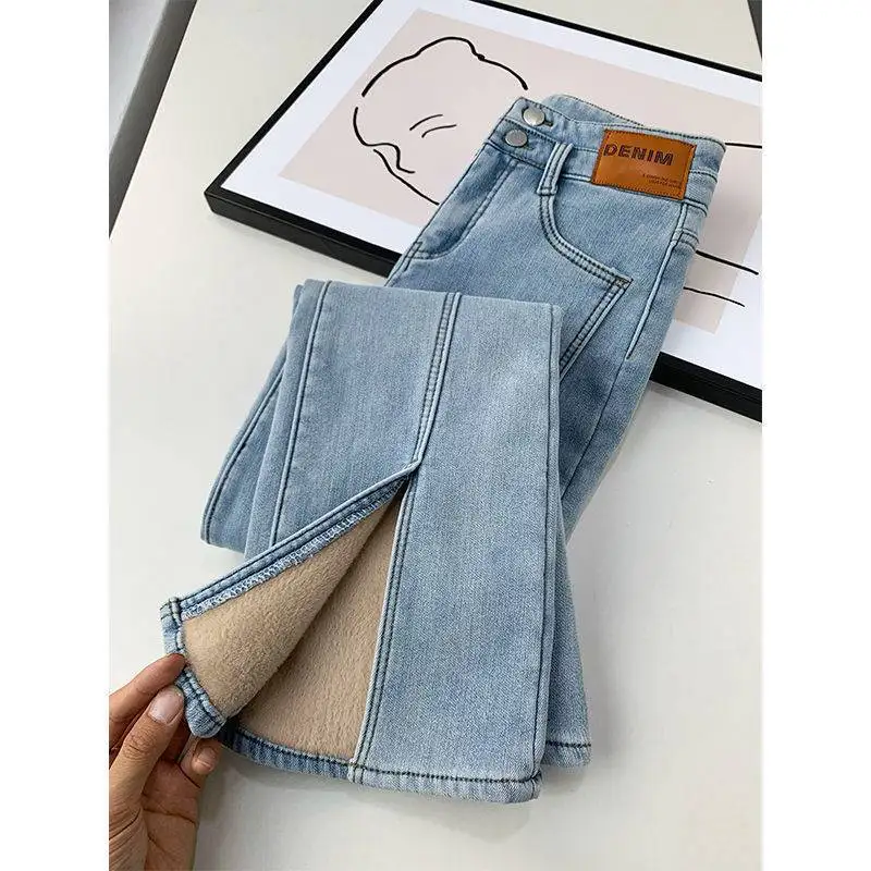 

New Thicke Button Skinny Denim Pants Winter Plus Velvet Lined Split Flare Jeans High Waist Warm Korean Female Casual Long Pants