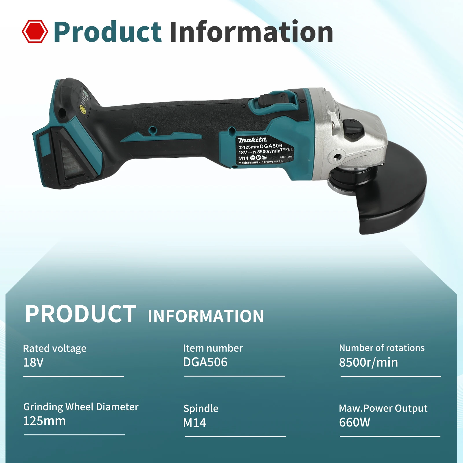 Makita DGA506 18V Cordless Brushless Angle Grinder 125mm 660W High Power Precision Steel Gear Industrial Grinding Cutting tools