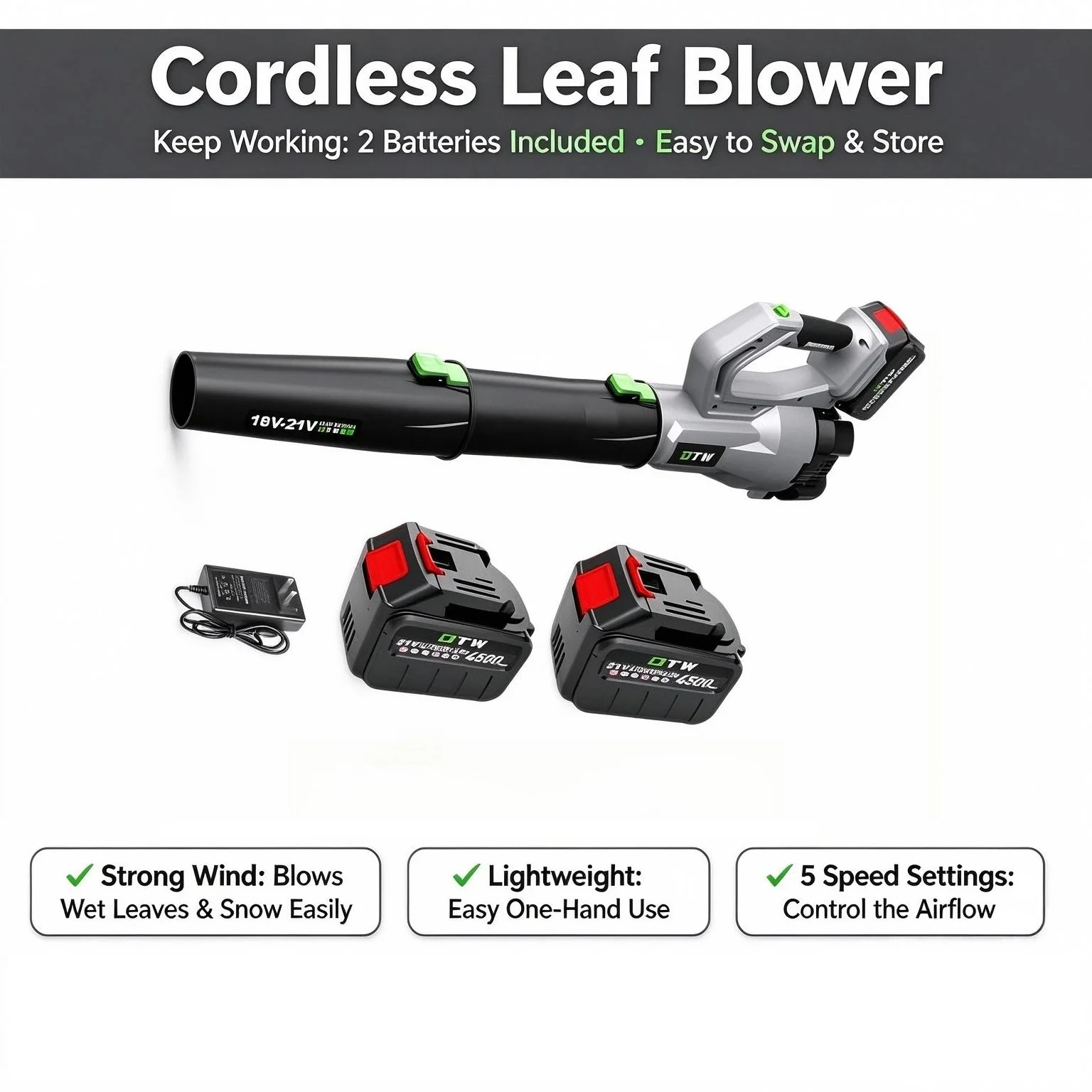 Cordless Leaf Blower with 2 Batteries, Practical Electric Air Blower for Yard Lawn Car Snow Dust Cleaning and Drying