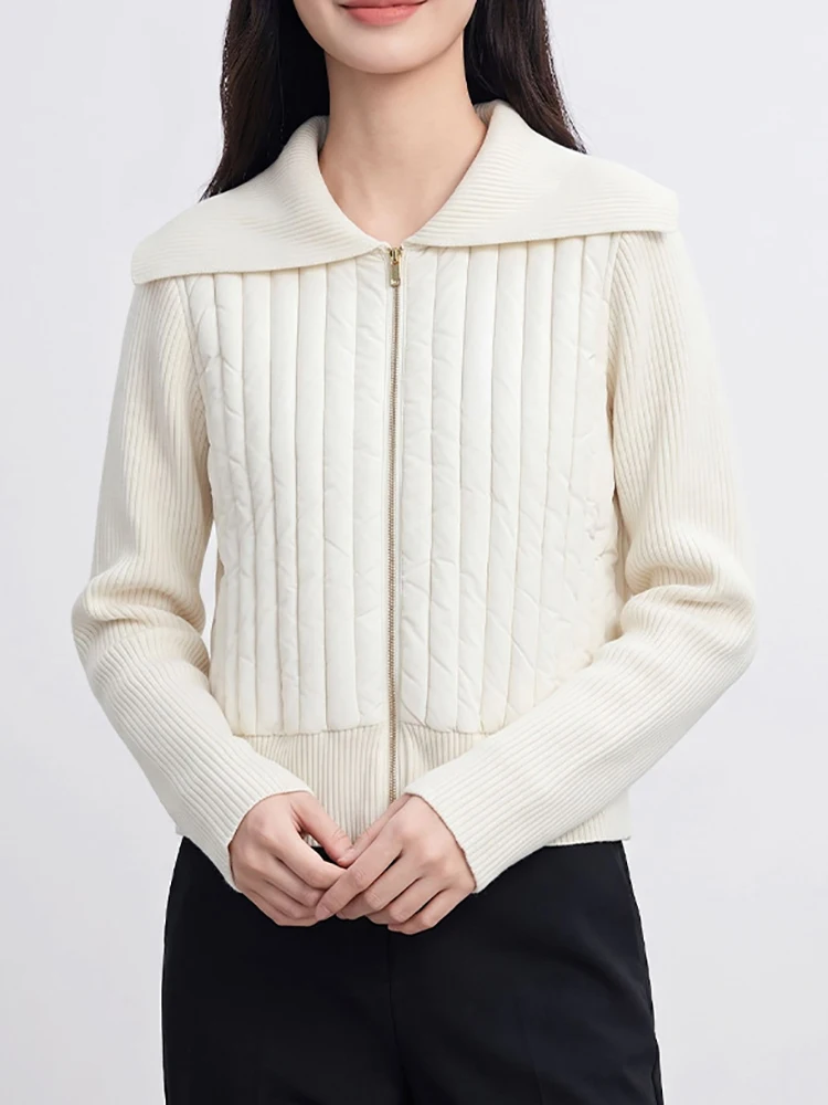 Knitted patchwork down jacket, 2026 autumn-winter new style wide collar knitted patchwork white goose down-filled women's coat