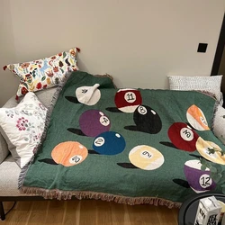 Billiard Balls Pattern Fringed Throw Blanket Retro Pool Balls Themed Woven Couch & Bed Blanket Game Room Decorative Throw