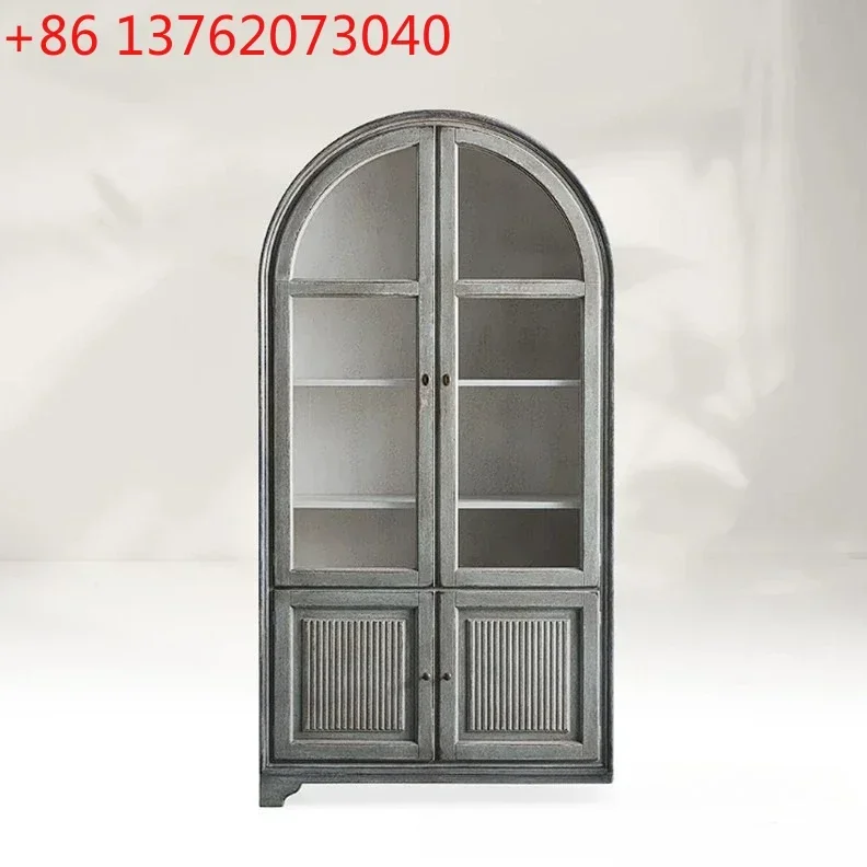 American country solid wood bookcase French retro red oak glass door storage side cabinet