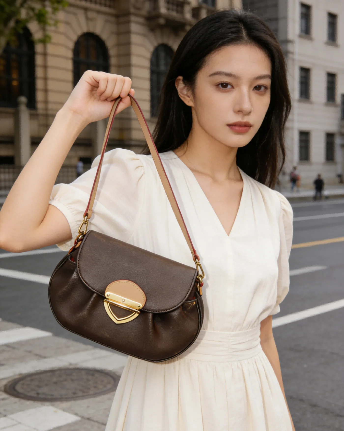 

Women Brown Monogram Flap Shoulder Bag, Vintage Style Crossbody Handbag with Gold Accents for Everyday Wear