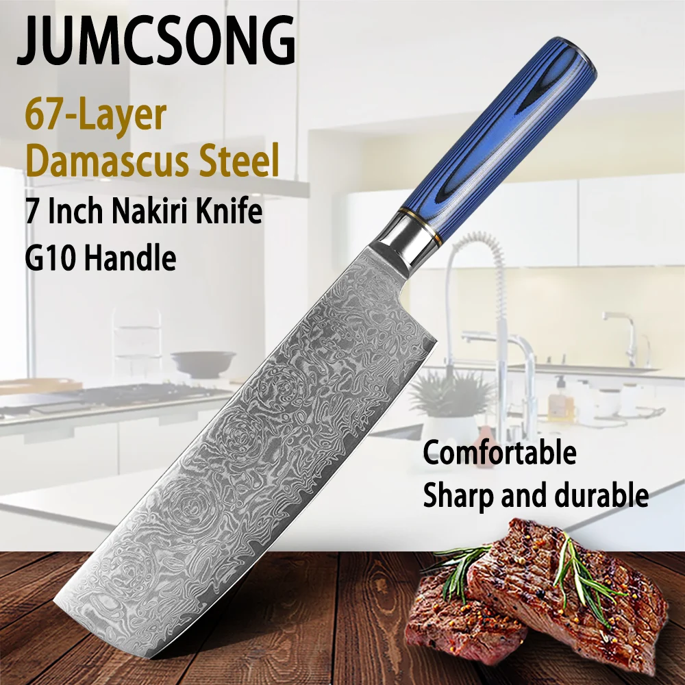 

JUMCSONG 67 Layer Damascus Steel Japanese Nakir Knife 7" Inch 10Cr15CoMoV Professional New Chef Knife G10 Handle Kitchen Tool