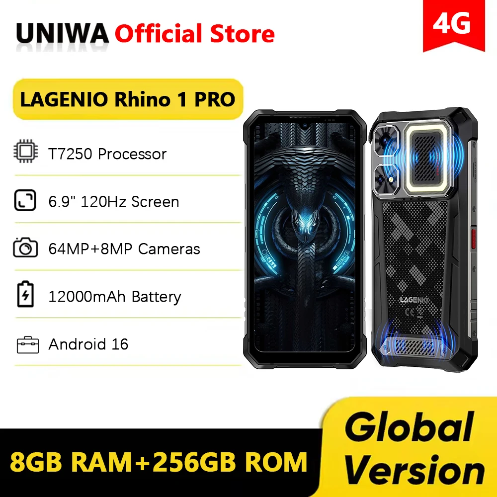 LAGENIO Rhino 1 PRO 4G Ultra-thin Smartphone 6.9 Inch HD+ 8GB+256GB Rugged Mobile Phone 64MP 12000mAh Cellphone Android 16 NFC