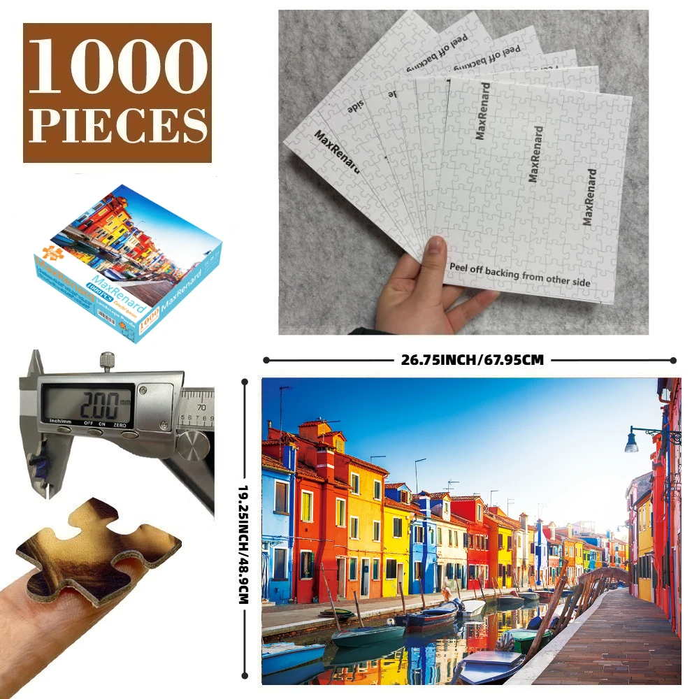 1000PCS Colorful Burano Village Houses Landscape Cardboard Jigsaw Puzzle Complete Display Kit 6 Self-Adhesive Back Stickers