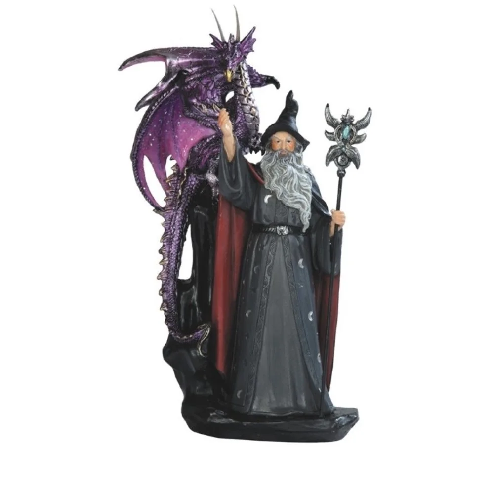 Fantasy-Themed 11-Inch Wizard Figurine with Purple Dragon & Magic Wand – Handcrafted Resin Sculpture for Desk, Shelf, or Display | Stylish Home & Office Decor | Thoughtful Gift for Holidays, Birthdays, Housewarming | Collectible Art Piece view 2