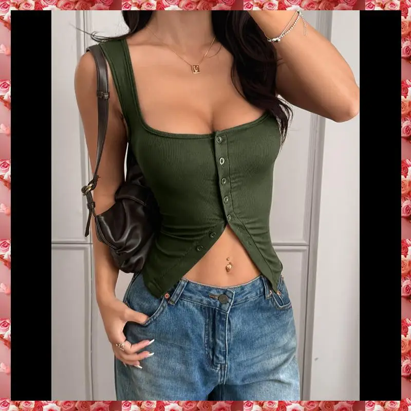 Womens Square Neck Button Down Ribbed Tank Tops Cute Sleeveless Summer Tops